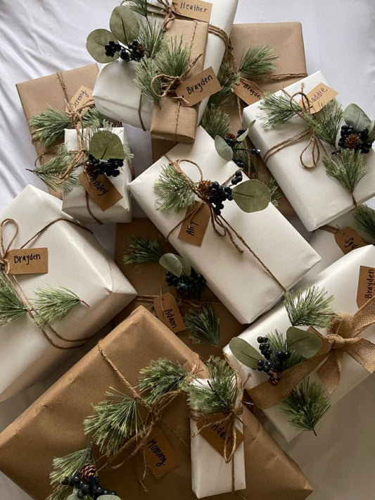 Christmas presents wrapped with string and decorations 